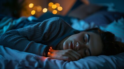 Person sleeping soundly in a comfortable bed with a sleep tracker on their wrist, illustrating the importance of quality sleep for overall health, Sleep tracking for better health concept - obrazy, fototapety, plakaty