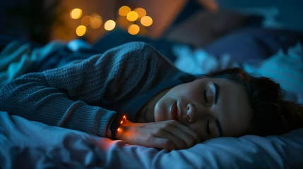 Fotobehang Person sleeping soundly in a comfortable bed with a sleep tracker on their wrist, illustrating the importance of quality sleep for overall health, Sleep tracking for better health concept © CraftyImago