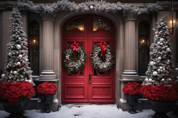 Fototapeta na wymiar Intricate Door Christmas colorful decoration. Red door exterior with colorful lights. Generate Ai