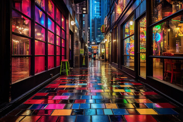 City street with colorful reflections on the wet ground in the rain at night