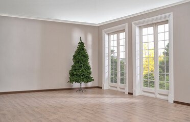 Empty room, wall, window, parquet style, interior concept, area for furniture sofa table carpet decoration.