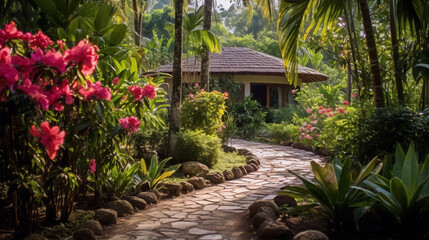 Stone path through a tropical garden with a?????? in the distance surrounded by lush vegetation and colorful flowers.