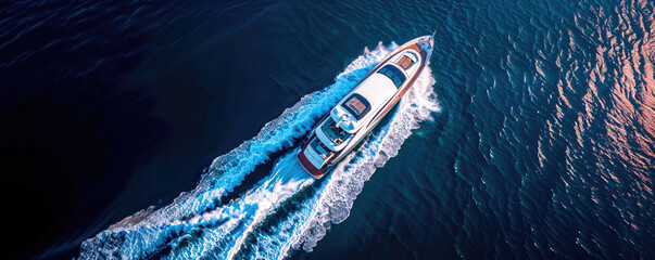 An aerial view of a luxury yacht cutting through deep blue waters, leaving a frothy white wake.