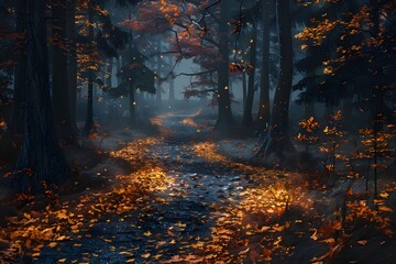 Enchanting Forest Path: A mystical forest scene with a winding path covered in vibrant autumn leaves, inviting viewers to explore the enchanting unknown.

 - obrazy, fototapety, plakaty