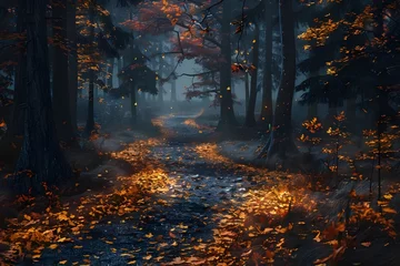Foto op Aluminium Enchanting Forest Path: A mystical forest scene with a winding path covered in vibrant autumn leaves, inviting viewers to explore the enchanting unknown.   © Tachfine Art