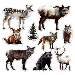 Watercolor Animal stickers. of woodland animals and trees deer, elk, fox, wolf, bear, reindeer, and pine trees. Realistic style with vibrant colors in a natural setting.
