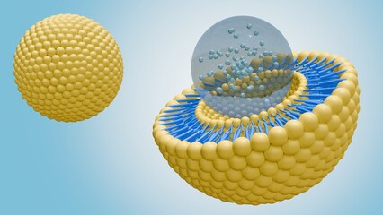 3d rendering of nanomedicine inside of liposome lipid bilayer