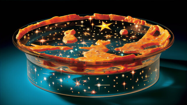 3D render of a bowl of orange soup with floating continents and stars.