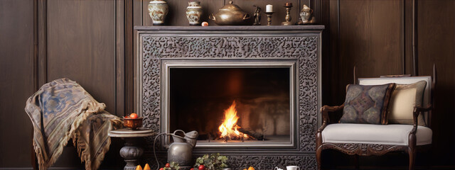 Carved stone fireplace with burning logs and fruit still life in front of it