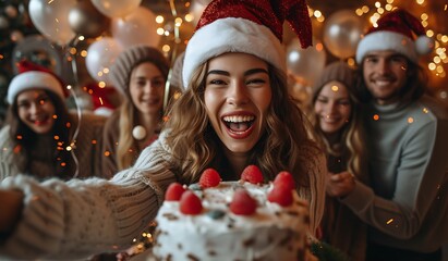 Joyous Gathering of Friends at Christmas, Featuring Balloons and Cake, Rendered in Minimalist Concrete and Smilecore Aesthetics