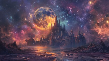 Fantasy moon castle vibrant celestial architecture eyelevel view nebula hues - obrazy, fototapety, plakaty