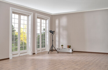 Empty room, wall, window, parquet style, interior concept, area for furniture sofa table carpet decoration.
