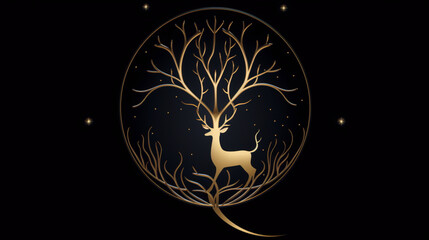 Golden 3D illustration of a deer inside a circle made of branches on a black background.