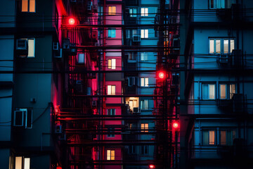 Urban buildings at night, illuminated by vibrant red and blue lights.
