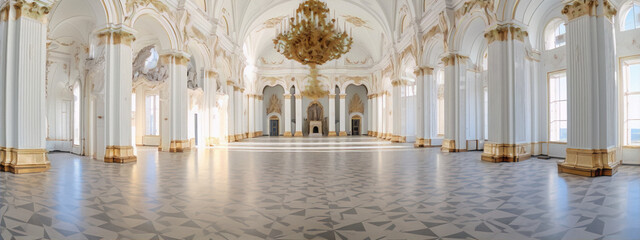 Baroque, architecture, interior, gold, white, luxury, ornament, chandelier, columns, floor, pattern, perspective - obrazy, fototapety, plakaty