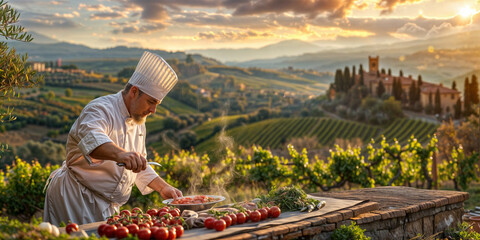 Chef preparing meal in picturesque tuscan countryside