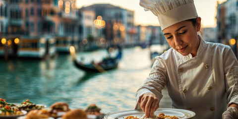 Female chef garnishes a dish outdoors with Venice canal and gondolas in the backdrop