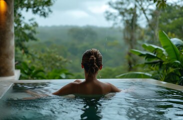 Fototapeta premium Enveloped by the Rainforest: Woman Serenity in an Outdoor Pool, a Moody and Atmospheric Composition