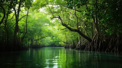 Fototapeta premium Tranquil Mangrove River Flowing Through Green Forest