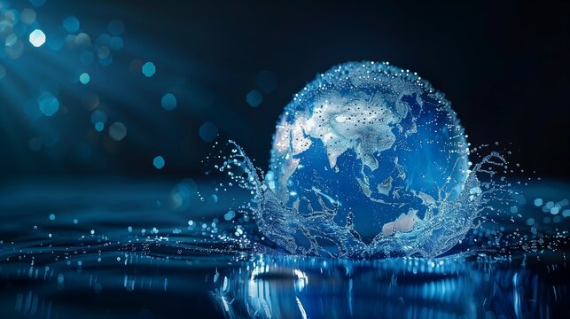 Water droplets forming the shape of continents on a globe, emphasizing the interconnectedness of water resources worldwide, Global water awareness concept