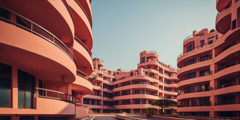 Retrofuturism pink apartment buildings with blue sky