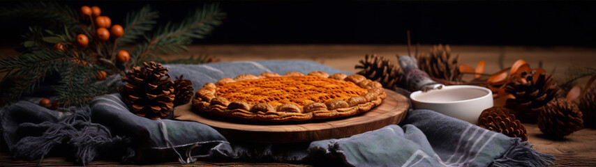 rustic still life of a pumpkin pie on a wooden table with pine cones and berries