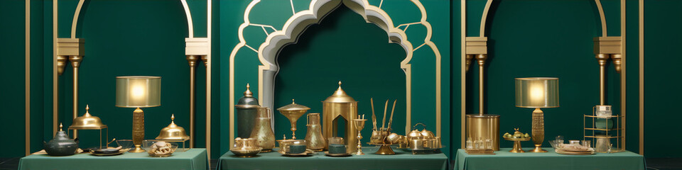 3D rendering of a luxury dining table set with gold and green elements in a Moorish style. - obrazy, fototapety, plakaty
