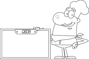 Outlined Smiling Chef Man Cartoon Character Holding Wooden Menu Board. Vector Hand Drawn Illustration Isolated On Transparent Background