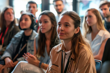 International Business Conference: Caucasian Female Tech CEO Talking With Male Host In Front Of Audience Of Diverse Attendees. Successful Woman Delivering Inspirational Speech For Women In Leadership.