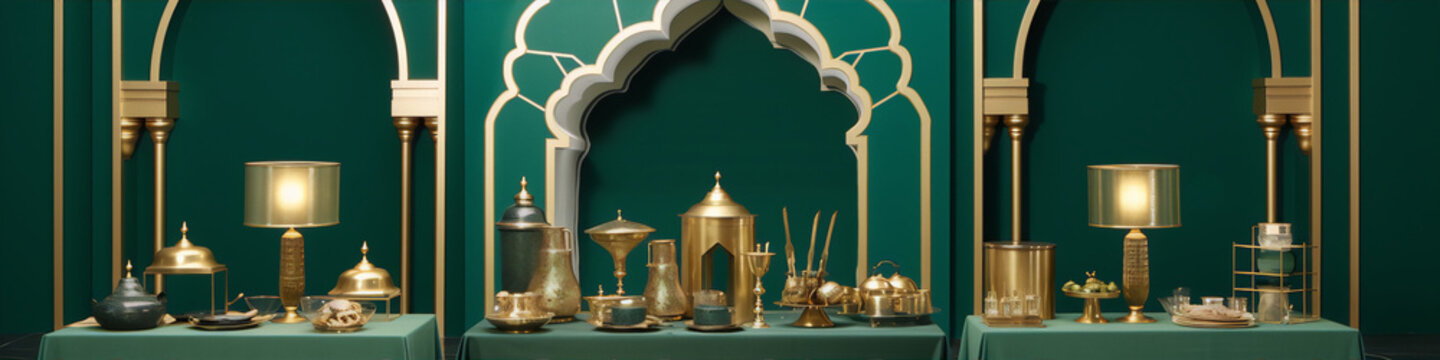 3D rendering of a luxury dining table set with gold and green elements in a Moorish style.