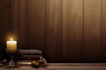 Still life photography of a candle, books, and fruit on a wooden table with a wood grain background in warm colors.