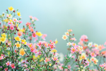 Obraz premium Colorful and beautiful flowers in minimalist copy space background, abstract flower wallpaper concept, Beautiful flowers with empty space for text, selective focus on elegant flowers with bokeh effect