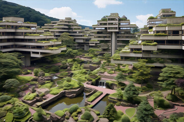 Futuristic city buildings with green gardens and blue sky in the background