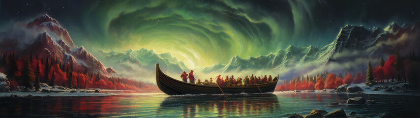 Fantasy landscape painting of a boat on a lake with aurora borealis in the sky and mountains in the background.