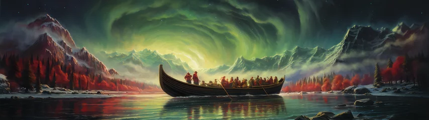 Papier Peint photo Lavable Couleur pistache Fantasy landscape painting of a boat on a lake with aurora borealis in the sky and mountains in the background.