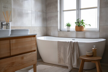 Fototapeta na wymiar Modern Scandinavian Minimalist Bathroom Interior Design