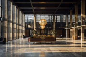 Large empty retro lobby with round golden lamps hanging from the ceiling