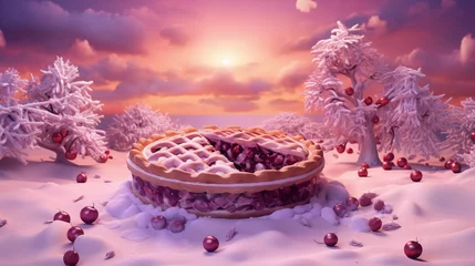 Rolgordijnen Whimsical illustration of a cherry pie in a snowy winter landscape with pink trees and a setting sun. © amsassia