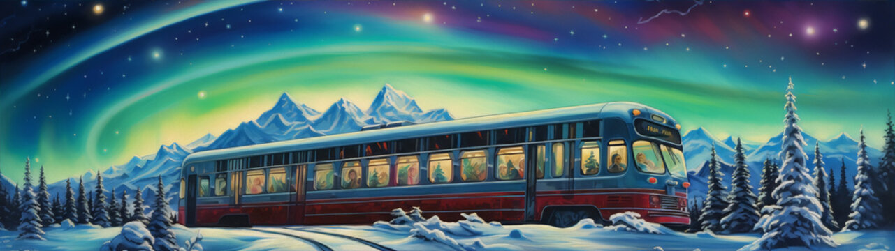 Retrofuturism painting of a tram in the mountains with passengers looking out the windows at the aurora borealis.
