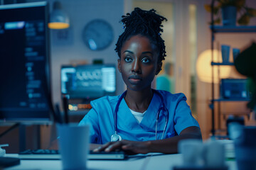 Portrait of a Black Female Medical Health Care Professional Working on Desktop Computer in Hospital Office. Clinic Head Nurse is Appointing Prescriptions Online Updating Electronic Health Records - obrazy, fototapety, plakaty