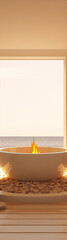 3D rendering of a bathtub with fire inside it near the sea with a sunset in the background.