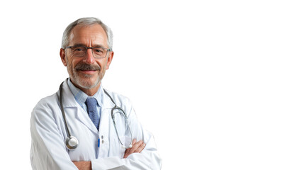 Fototapeta premium Cheerful mature doctor posing and smiling at camera, healthcare and medicine. PNG file of isolated cutout object on transparent background.