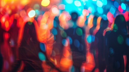 People dance in the blurred glow of club lights, immersing themselves in the vibrant nightlife of the party scene. - obrazy, fototapety, plakaty