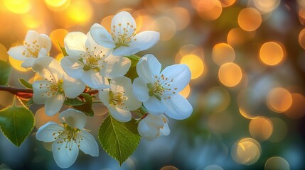 Closeup of white flower petals on a tree branch with a blurred background
