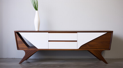 Walnut and white mid century modern credenza with a vase on it.