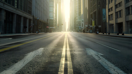 Sunlight filters through city buildings onto road surface - obrazy, fototapety, plakaty