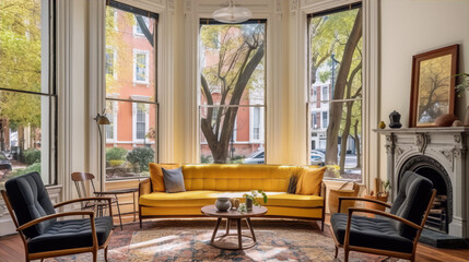Bright living room with a large bay window, yellow sofa, and two armchairs in a modern home