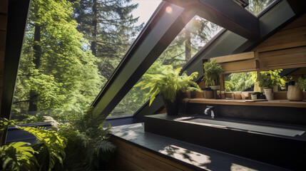Bathroom interior with large triangular window overlooking forest.