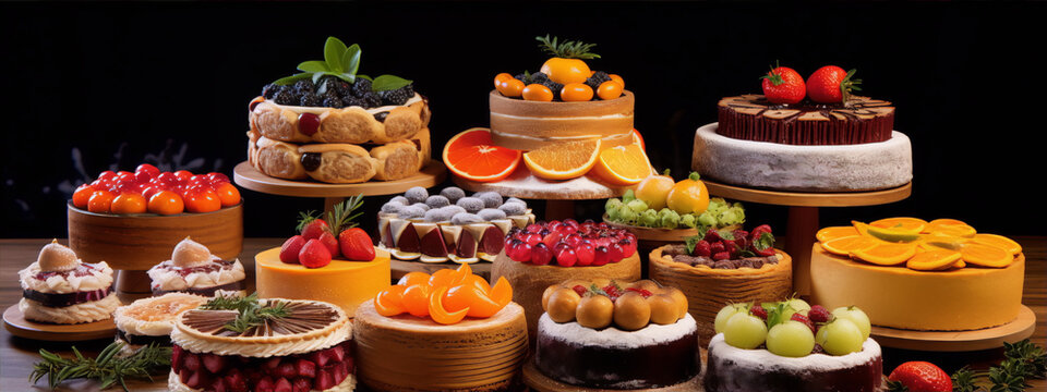 An assortment of cakes and tarts with various fruits and decorations.