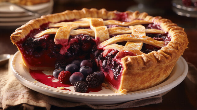 A close-up image of a delicious homemade mixed berry pie with a lattice crust, ready to eat.